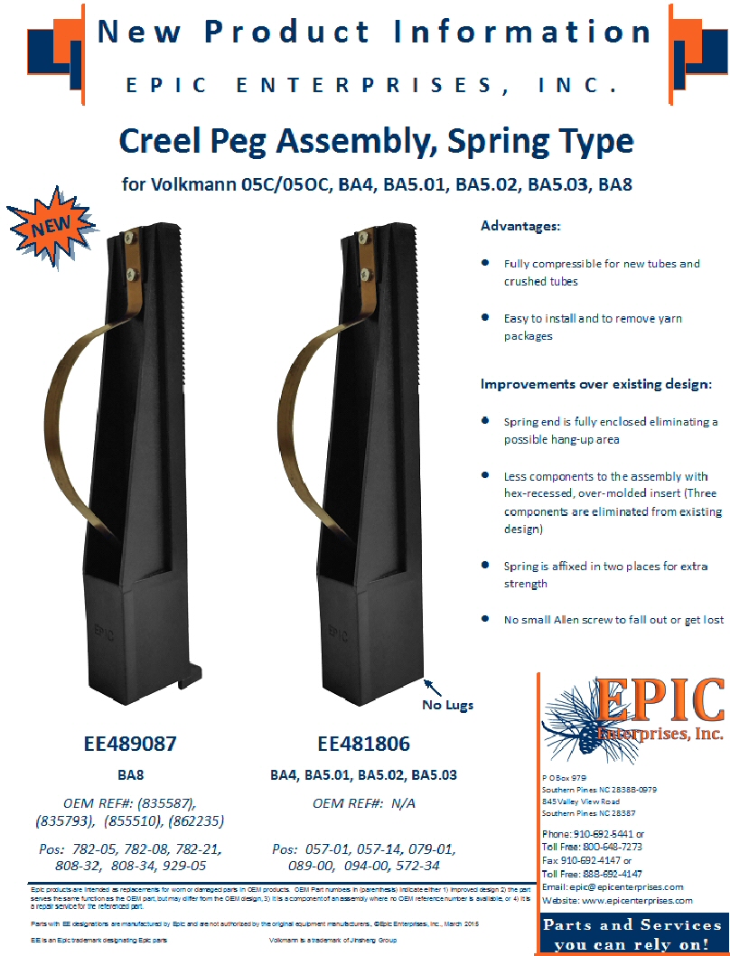 Creel Peg Assembly, Spring Type for Volkmann 05C/05OC, BA4, BA5.01, BA5.02, BA5.03, BA8